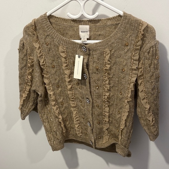 Maeve Embellished Tan Ruffle Button Cardigan - Picture 2 of 8